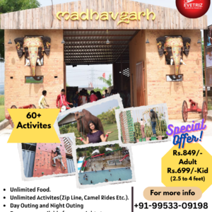 Unlimited Food Unlimited Activites (LIke Zip LInes, Camel Rides Etc.) Day Outing & Night Outing. Rooms are available for "Overnight Stay". Picnic, Parties, Social and Corporate gathering. Cultural and Folk Dance.