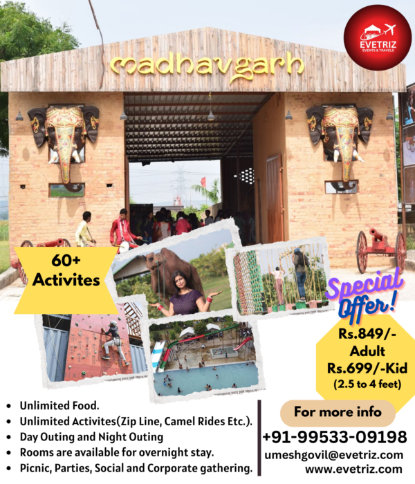 Unlimited Food Unlimited Activites (LIke Zip LInes, Camel Rides Etc.) Day Outing & Night Outing. Rooms are available for "Overnight Stay". Picnic, Parties, Social and Corporate gathering. Cultural and Folk Dance.